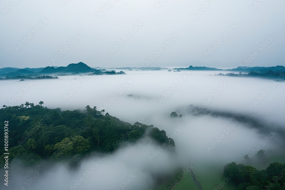 Obraz premium Serene Aerial View of Misty Tropical Valley Surrounded by Tranquil Foggy Landscape