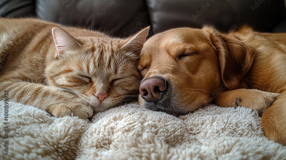 Cozy Cat and Dog Together on Soft Blanket