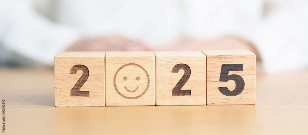 Happy New Year 2025 with Smile block. Satisfaction, feedback, Review, mental health, eco sustainable and good concept Happy New Year 2025 with Smile block. Satisfaction, feedback, Review, mental health, eco sustainable and good concept