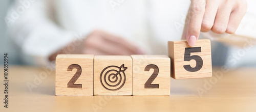 2025 year block with dartboard icon. Goal, Target, Resolution, strategy, plan, Action, mission, motivation, and New Year start concepts