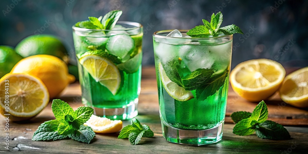 Two refreshing green drinks garnished with fresh mint and lime wedges, served on a rustic wooden surface with sliced lemons Two refreshing green drinks garnished with fresh mint and lime wedges, served on a rustic wooden surface with sliced lemons