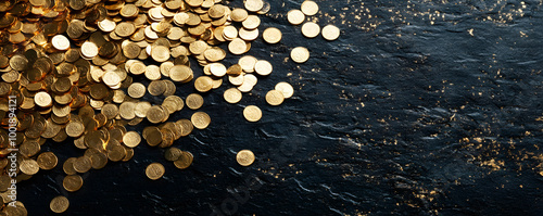 gold coins  on a black surface, shining brightly, gold coins, wealth and prosperity