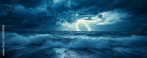 A dramatic image of a lightning storm over the ocean