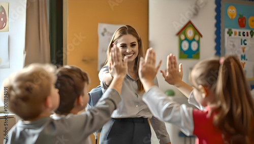 A beautiful elementary school teacher warmly welcomes her students at the door with a high-five, creating a positive and cheerful atmosphere as they enter the classroom for the day