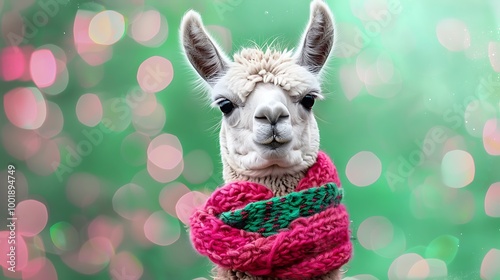 A friendly baby llama with a festive scarf on a green and pink background