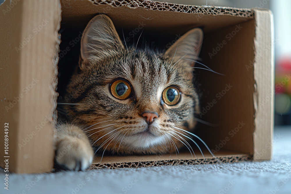 Curious Cat Peeking from Cardboard Box Curious Cat Peeking from Cardboard Box