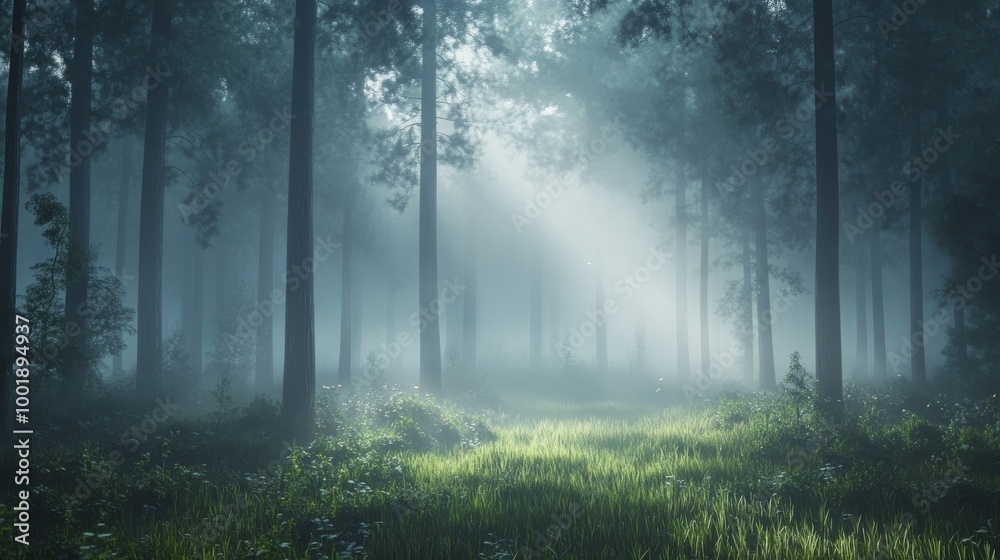 Obraz premium A foggy forest scene in the early morning, with diffused light creating a gentle glow