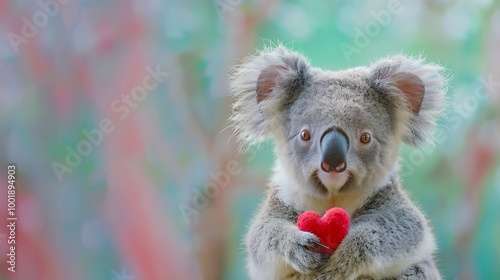 A gentle baby koala with a tiny heart on a green and pink background photo