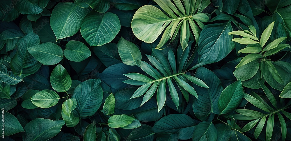 Lush green foliage pattern with various tropical leaves, perfect for wallpaper or design projects. Lush green foliage pattern with various tropical leaves, perfect for wallpaper or design projects.