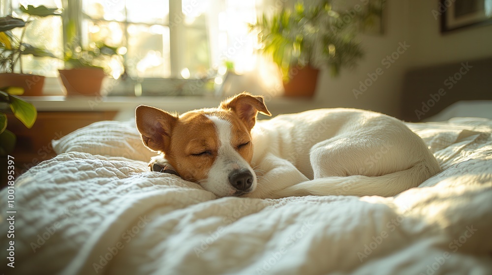 Obraz premium Sleeping Dog in Sunlit Room with Green Plants