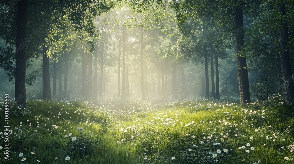 Obraz premium A forest blanketed in morning fog, with soft sunlight peeking through the branches