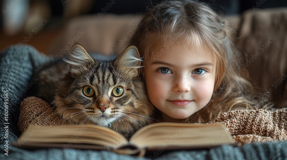 Cat and Girl Enjoying Storytime Together Cat and Girl Enjoying Storytime Together