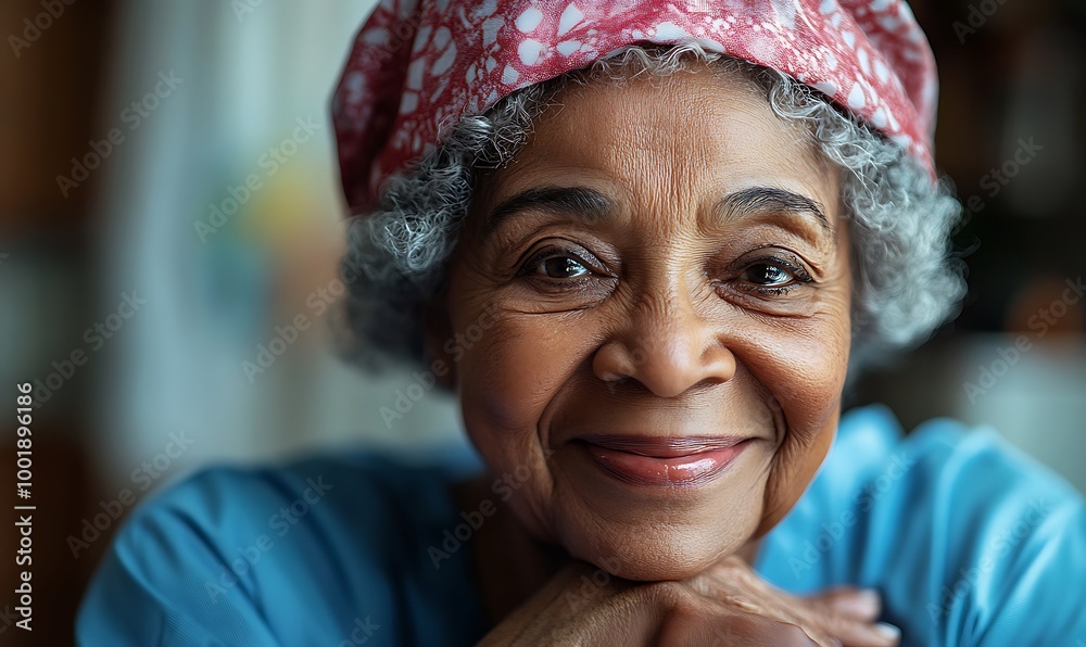 Happy senior black woman in a nursing home. Smiling old african american female pensioner being cared for by a nurse in a hospice for elderly Happy senior black woman in a nursing home. Smiling old african american female pensioner being cared for by a nurse in a hospice for elderly