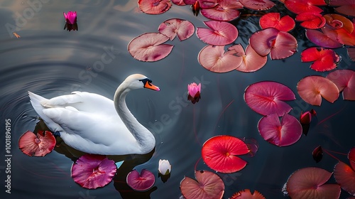 Fototapeta Naklejka Na Ścianę i Meble -  A serene swan swimming in a pond with red and purple lily pads
