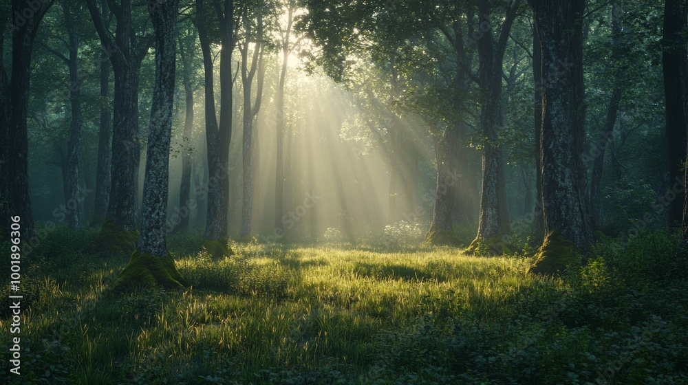 Fototapeta premium A misty forest at dawn, with delicate sunbeams barely touching the forest floor