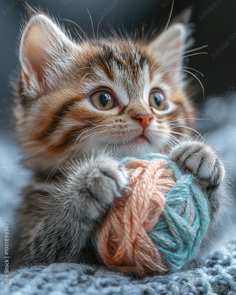 Cute Kitten Playing with Colorful Yarn Ball Cute Kitten Playing with Colorful Yarn Ball