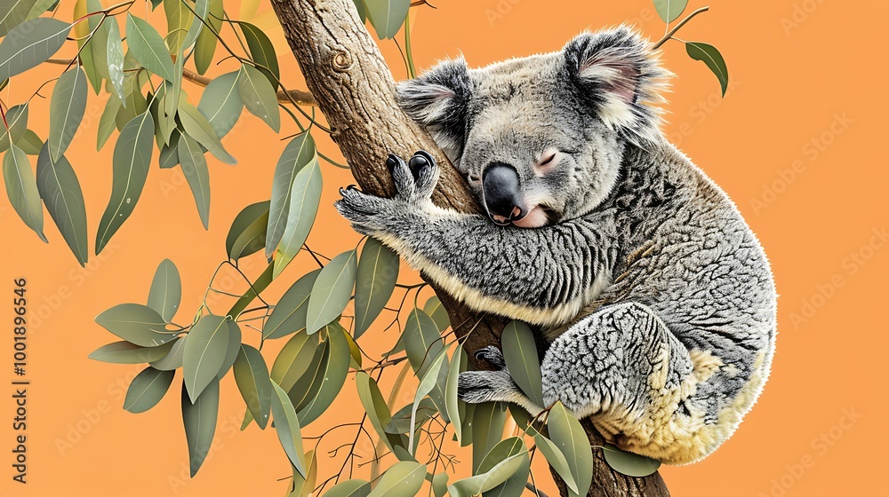 Obraz premium A sleepy koala bear clinging to a eucalyptus branch on a light orange background