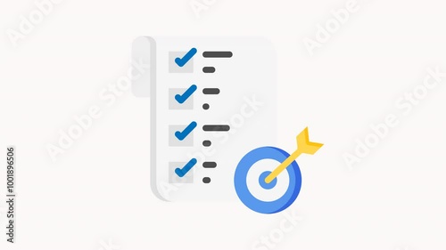 Animated  checklist completed with target achieved and arrow on paper. Ideal for productivity, success, goals, achievement, completion, motivation concepts.

