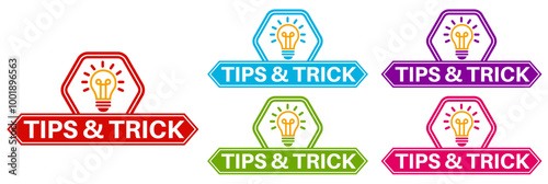 set tips and trick hint icon labels. tips with light bulb template sticker design vector illustration