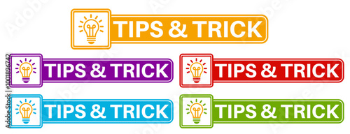 set tips and trick hint icon labels. tips with light bulb template sticker design vector illustration