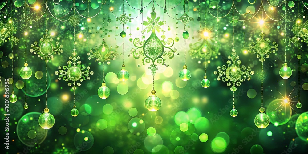 A sparkling green and gold Christmas ornament garland adorned with snowflakes and intricate patterns, illuminated by bokeh lights against a blurred background.