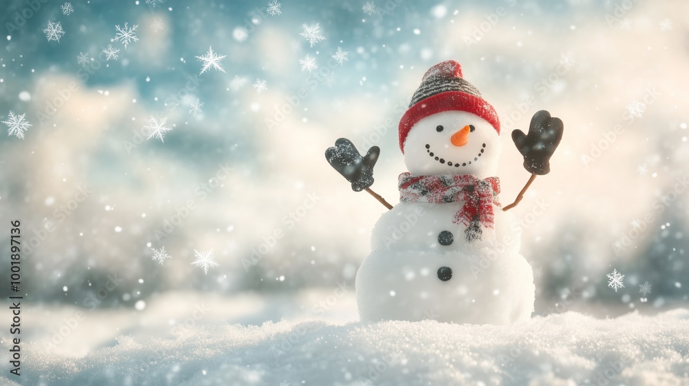 Merry christmas and happy new year greeting card with copy-space.Happy snowman standing in winter christmas landscape.Snow background