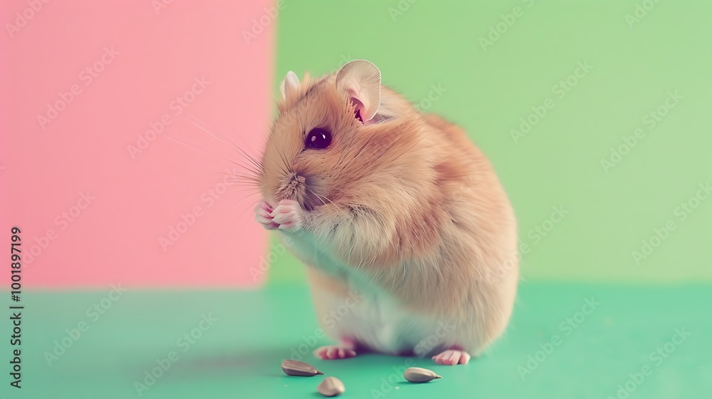 A tiny hamster eating a sunflower seed on a green and pink background A tiny hamster eating a sunflower seed on a green and pink background