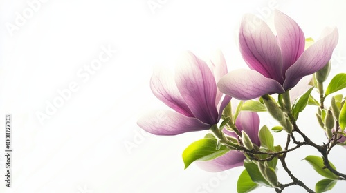 Pink magnolia flowers on white background