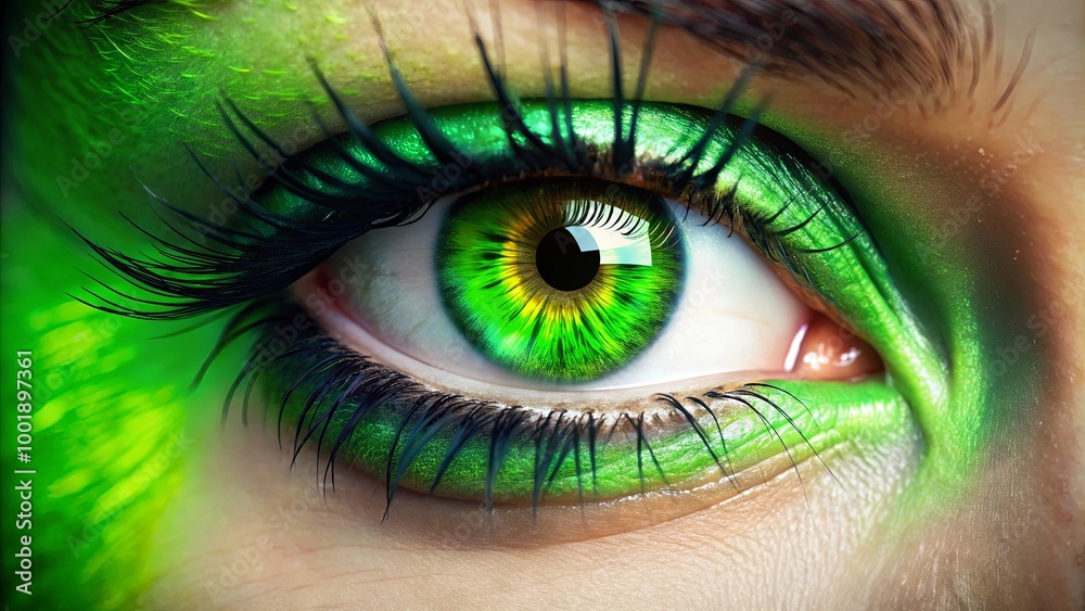 Obraz premium A close-up view of a vibrant green eye with dramatic makeup, showcasing the intricate details of the iris, eyelashes, and eyeshadow