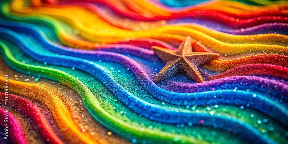 A single brown star rests on a colorful wave of textured, sparkling sand. A single brown star rests on a colorful wave of textured, sparkling sand.