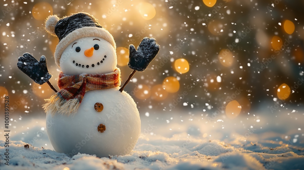 Merry christmas and happy new year greeting card with copy-space.Happy snowman standing in winter christmas landscape.Snow background