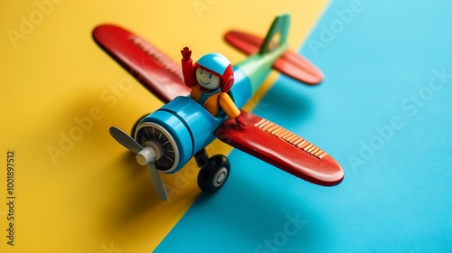 A toy airplane with a pilot waving on a blue and yellow background