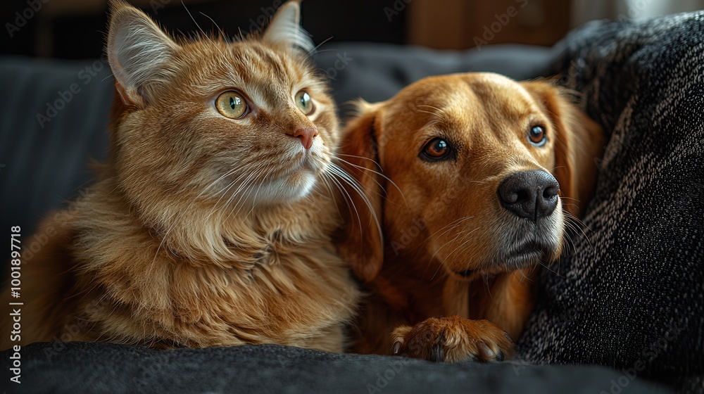 Cat and Dog Relaxing Together on Couch Cat and Dog Relaxing Together on Couch