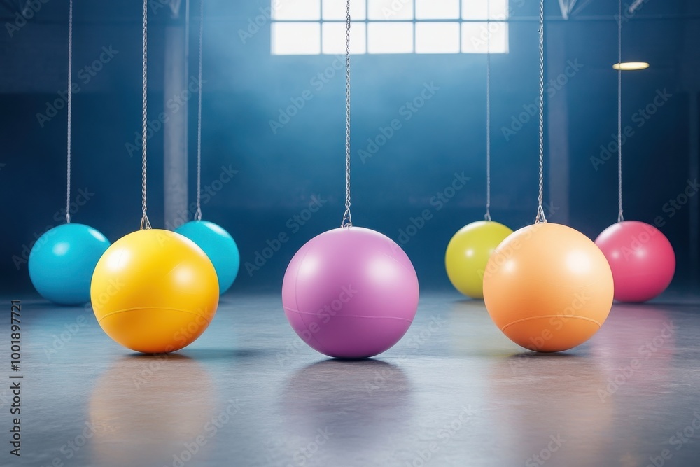 Colorful bouncing balls suspended in a dimly lit indoor space. Colorful bouncing balls suspended in a dimly lit indoor space.