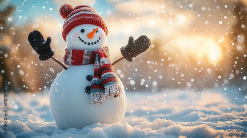 Merry christmas and happy new year greeting card with copy-space.Happy snowman standing in winter christmas landscape.Snow background