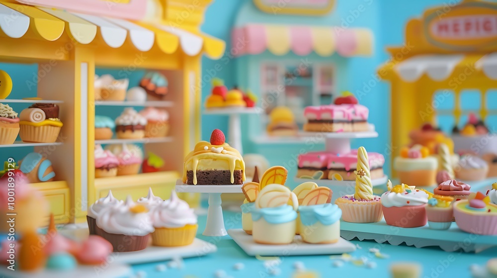 A toy bakery with cakes and pastries on a blue and yellow background A toy bakery with cakes and pastries on a blue and yellow background