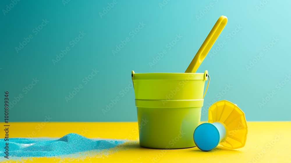 A toy beach set with a bucket and spade on a blue and yellow background A toy beach set with a bucket and spade on a blue and yellow background
