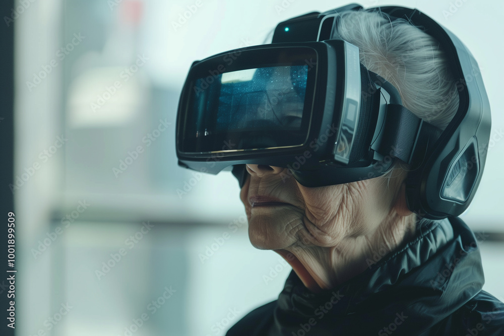 Senior woman with virtual reality headset engaging in world metaverse digital technology capturing memories. Learning Social media connectivity. New experience. Senior woman with virtual reality headset engaging in world metaverse digital technology capturing memories. Learning Social media connectivity. New experience.