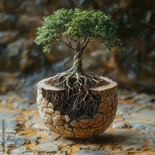 Tree Growing from Stone Surface with Intricate Roots