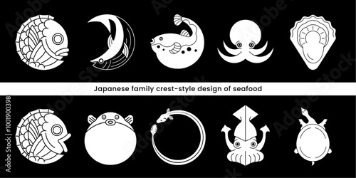 モノクロの魚介類の家紋風デザイン。魚や貝のロゴやマークのベクターイラスト。