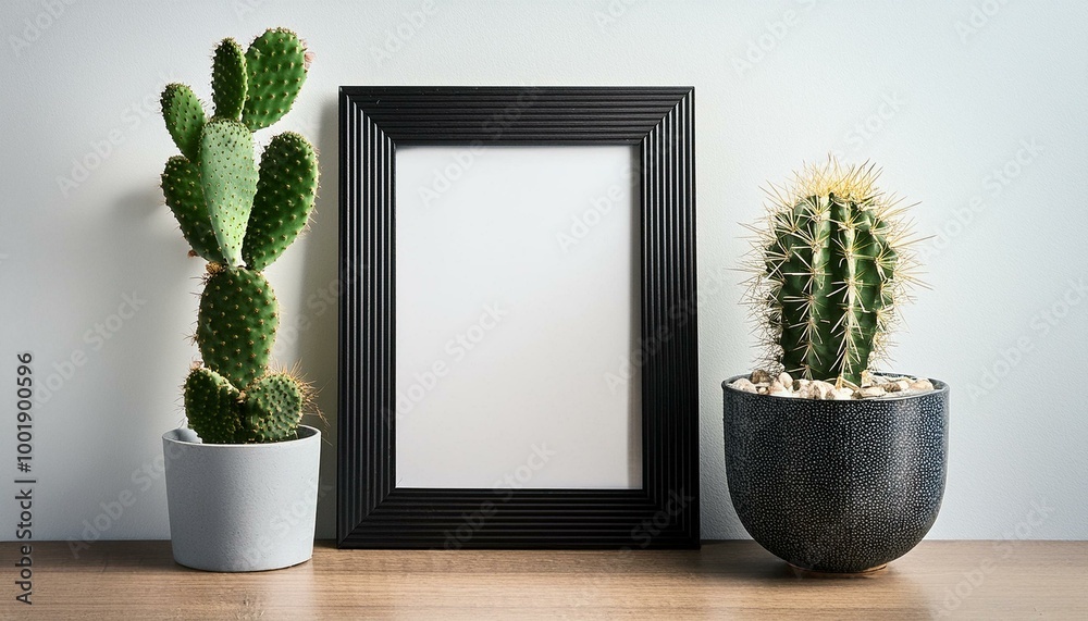 Fototapeta premium Black frame poster green cactus. Home decoration Scandinavian style