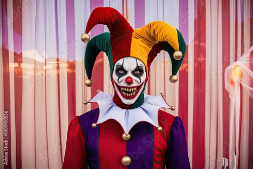 Eerie Carnival Jester Against a Crisp Background photo