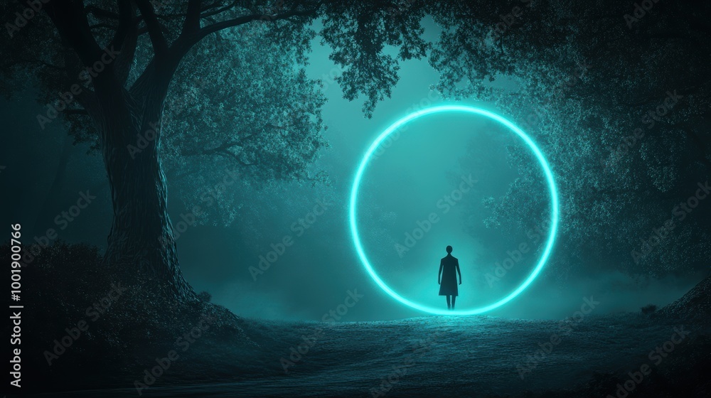 Fototapeta premium A surreal, shadowed figure, with a glowing, abstract shield, standing guard over a hidden entrance to a secure facility, shrouded in mystery.