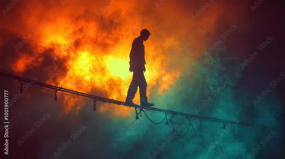Silhouette of a Man Walking Above Colorful Smoke