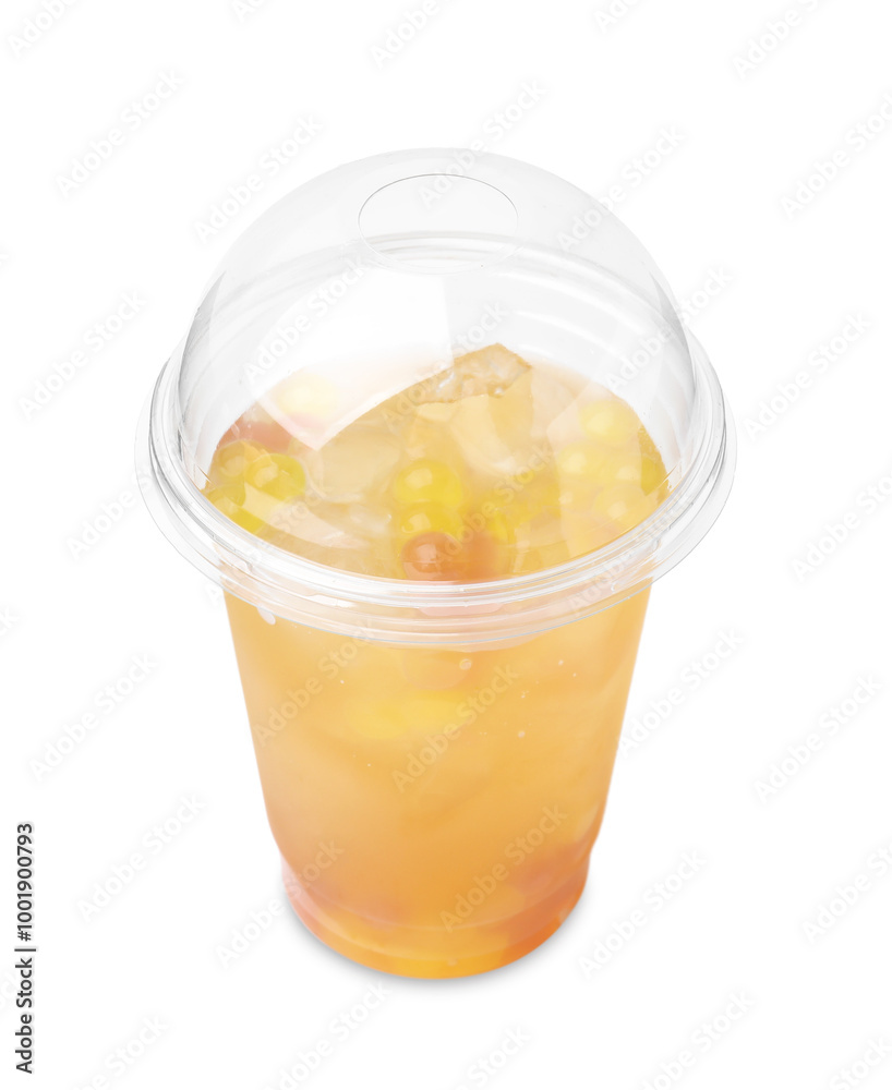 Tasty bubble tea in plastic cup isolated on white Tasty bubble tea in plastic cup isolated on white