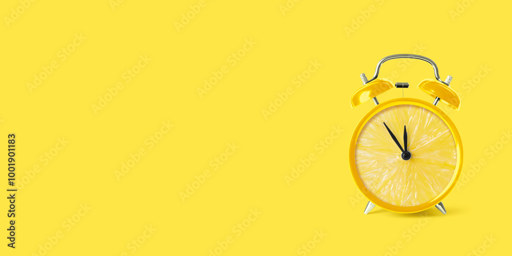Juicy lemon on alarm clock dial against yellow background. Creative poster with space for text, banner design Juicy lemon on alarm clock dial against yellow background. Creative poster with space for text, banner design