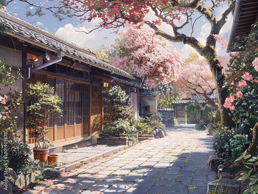 Tranquil Japanese Garden with Cherry Blossoms in Spring Tranquil Japanese Garden with Cherry Blossoms in Spring