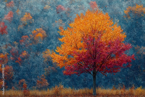 Vibrant Autumn Tree in a Colorful Forest Background