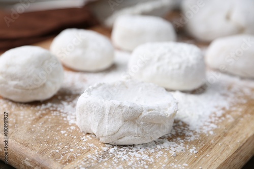 Dough for tasty homemade mochi on wooden table, closeup