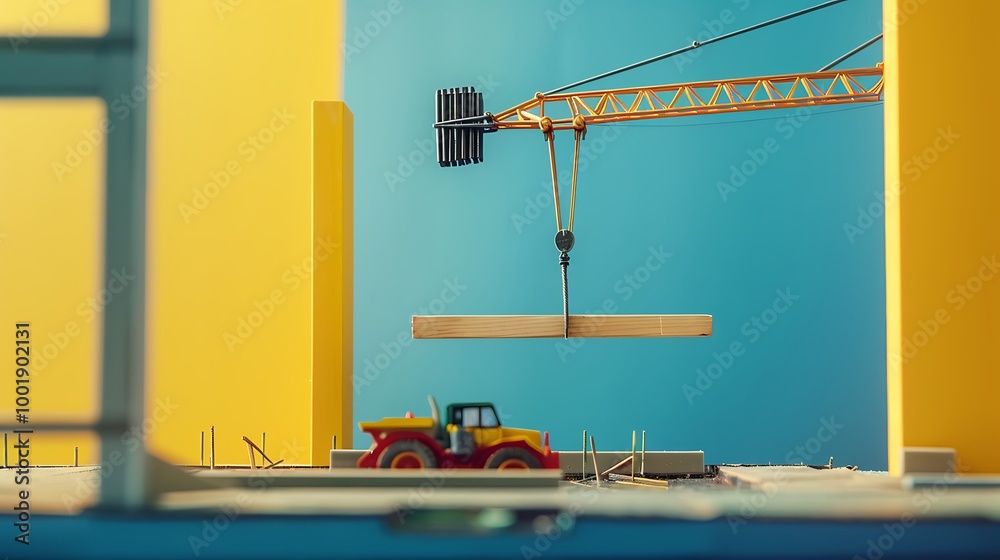 A toy construction site with a crane lifting a beam on a blue and yellow background A toy construction site with a crane lifting a beam on a blue and yellow background